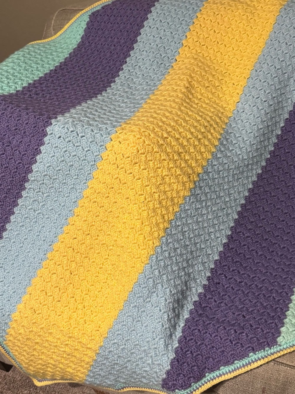 Handmade Striped Crochet Baby Blanket in Yellow, Light Blue, Purple, Mint